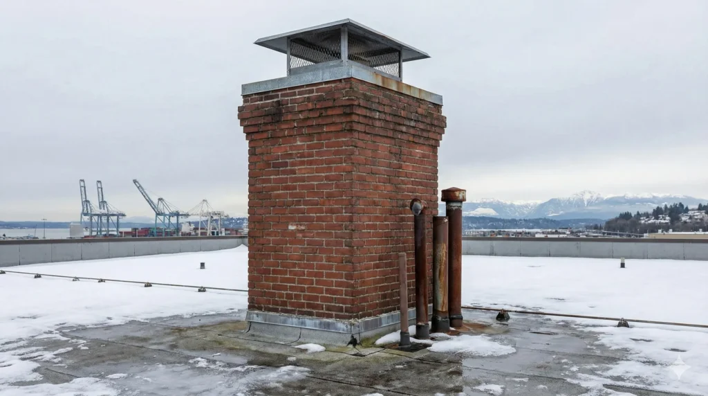 Brick chimney on a flat commercial roof during winter conditions