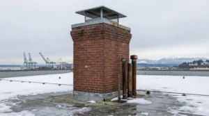 Brick chimney on a flat commercial roof during winter conditions