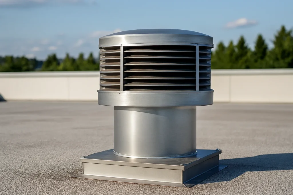 Modern metal roof exhaust vent installed on a flat roof
