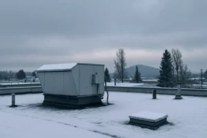 Snow-covered commercial flat roof with rooftop equipment