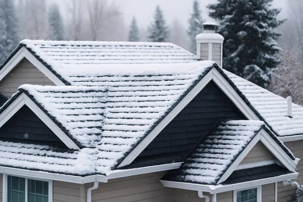Snow-covered residential roof in winter conditions
