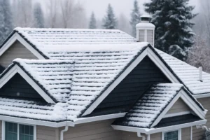 Snow-covered residential roof in winter conditions