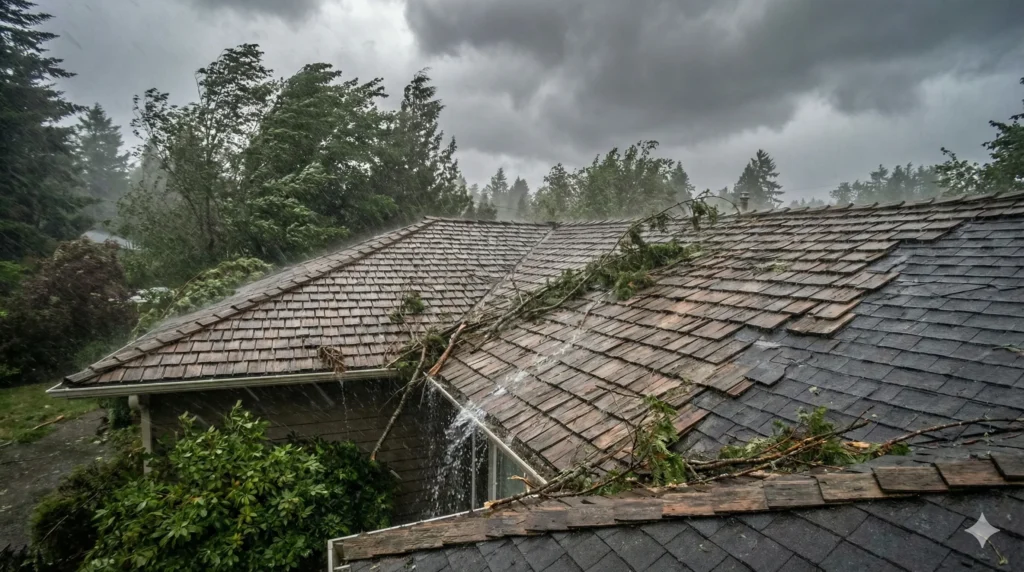 Storm-damaged shingle roof with debris and active leaks after severe weather