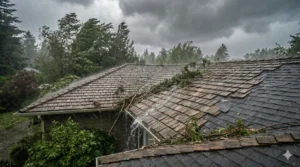 Storm-damaged shingle roof with debris and active leaks after severe weather