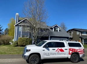 Roofing truck in residential neighborhood