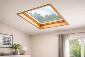 Interior room with modern skylight during rainfall