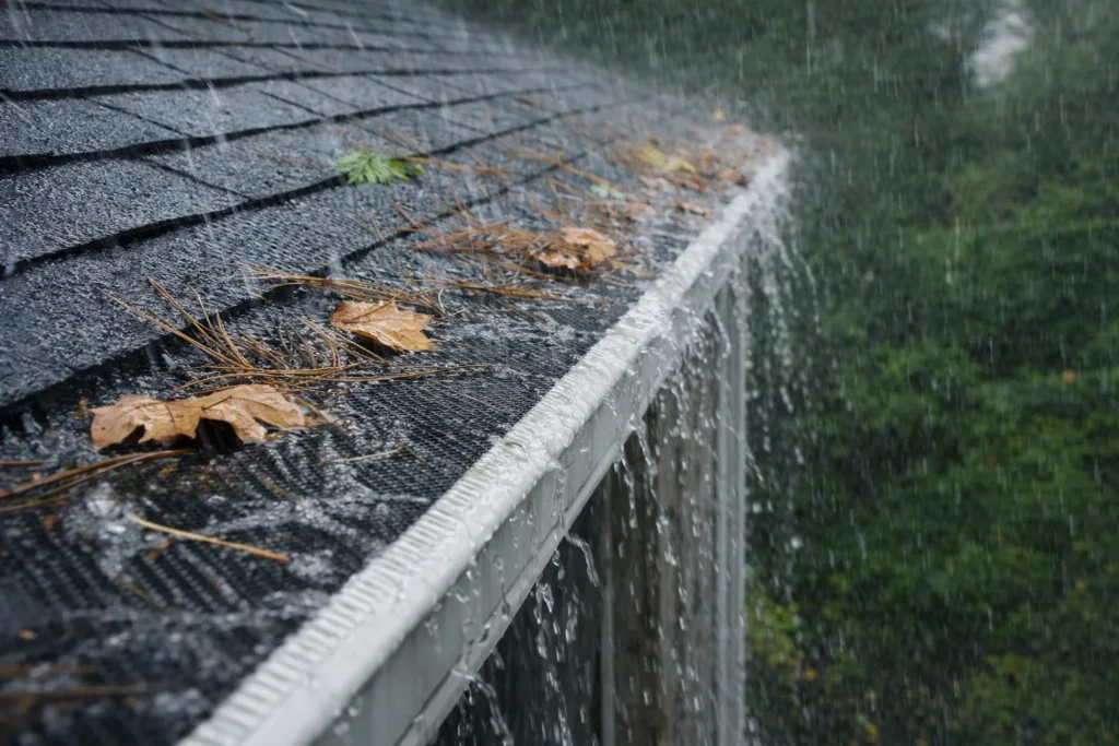 Micro-mesh gutter guards installed on a residential roof during rainy conditions