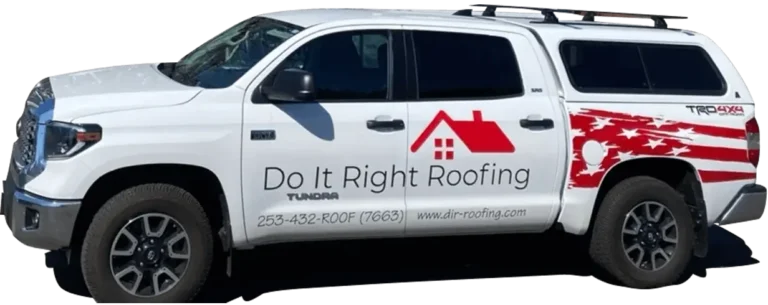 Do It Right Roofing company work truck with logo and American flag decal